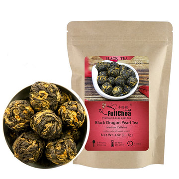Fullchea - Black Dragon Pearl Tea - Special Yunnan Black Tea - Loose Leaf Tea - Medium Caffeine - Mild Flavor Mellow Tastes - 4Oz / 113G