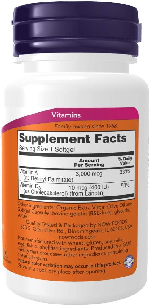 Now Supplements, Vitamin A & D 10,000/400 Iu, Eye Health*, Essential Nutrition, 100 Softgels