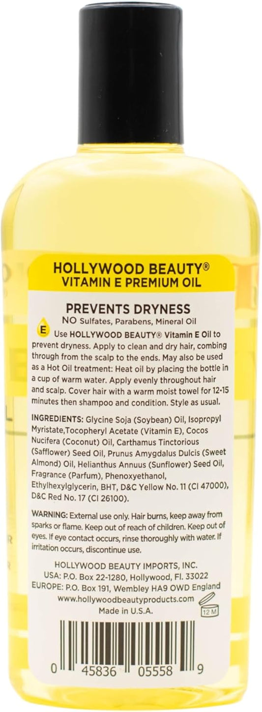 Hollywood Beauty Vitamin E Hair & Skin Oil, 8 Oz - Prevents Dryness, Stimulates Healthy Hair Growth, Repairs Damaged Skin, Anti-Aging