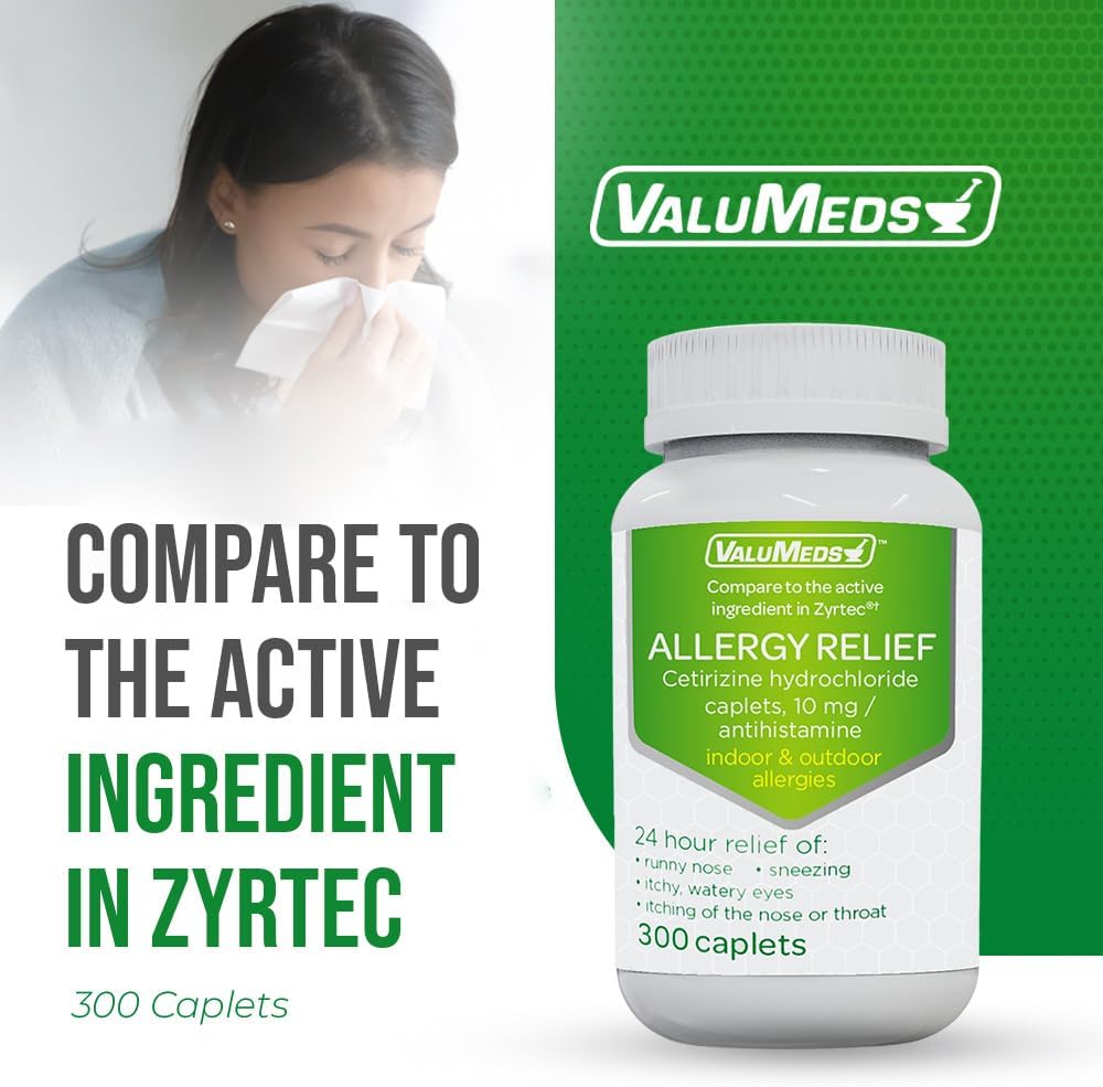 ValuMeds 24-Hour Allergy Medicine (300-Count) Antihistamine for Pollen, Hay Fever, Dry, Itchy Eyes, Allergies | Cetirizine HCl 10mg Caplets, Compare to Zyrtec : Health & Household