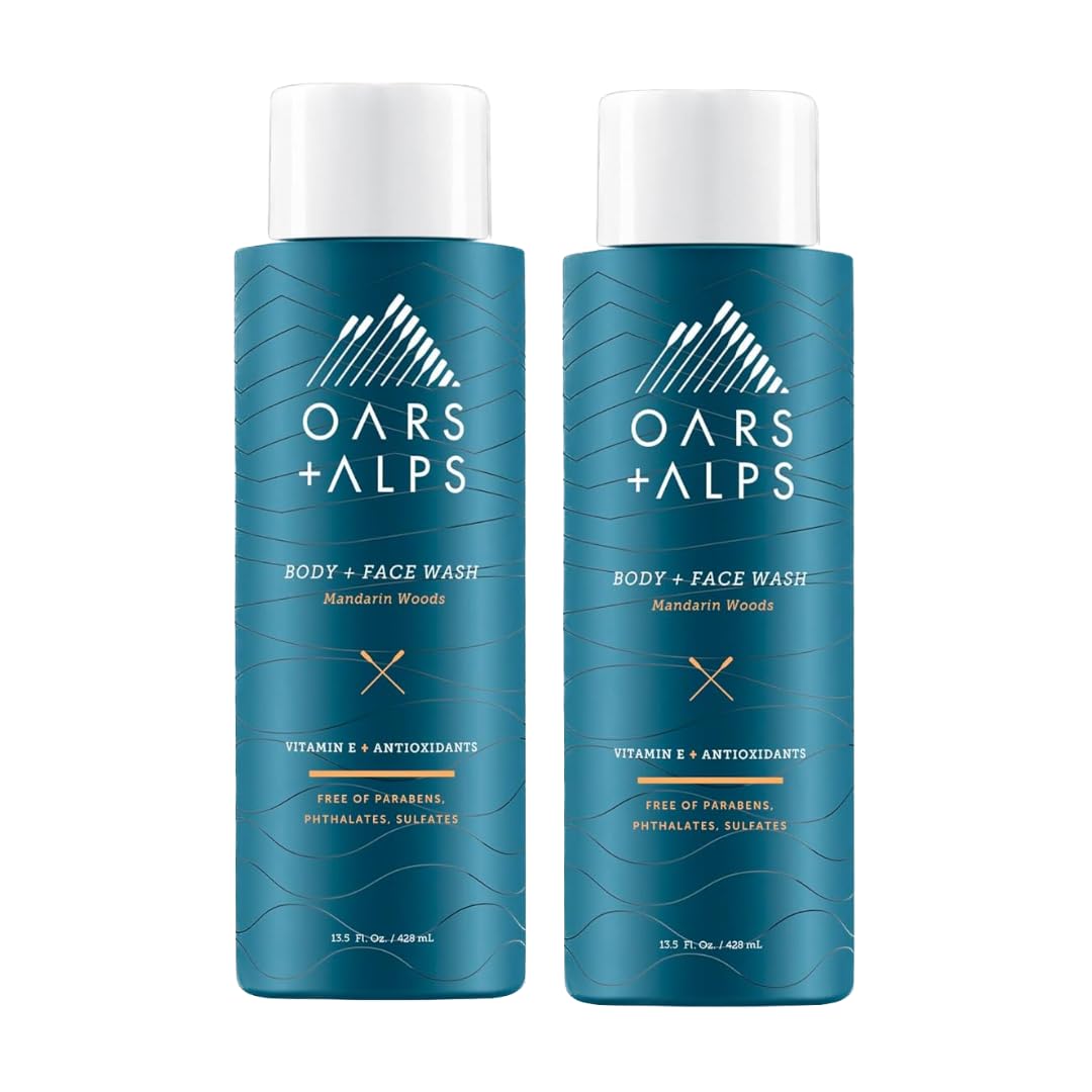 Oars + Alps Mens Moisturizing Body and Face Wash, Skin Care Infused with Vitamin E and Antioxidants, Sulfate Free, Mandarin Woods, 13.5oz, 2 Pack