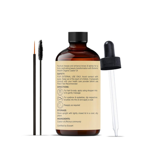 Botanic Hearth Castor Oil (2 Fl Oz) | Usda Organic | 100% Pure, Cold Pressed & Hexane Free | For Hair, Eyelashes, Eyebrows & Scalp Treatment | With Lash & Brow Brush