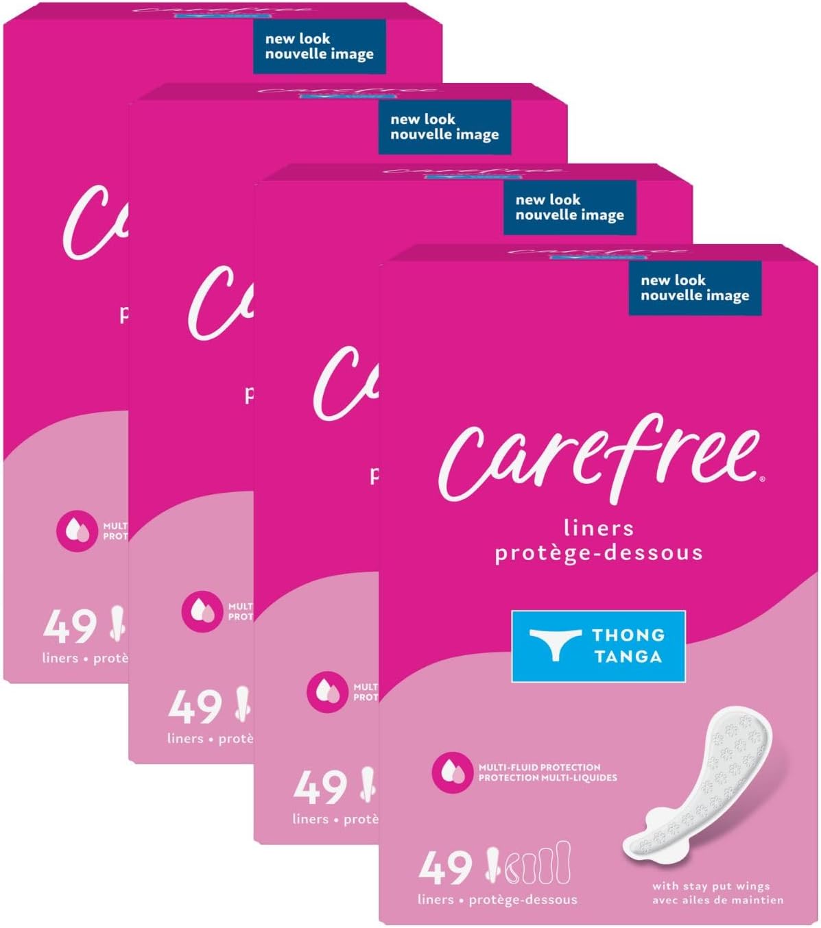 Carefree Thong Panty Liners, Unwrapped, Unscented, 196ct (4 Packs of 49ct)(Packaging May Vary)