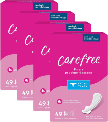 Carefree Panty Liners For Women, Thong Liners, Unwrapped, Unscented | Pantiliners, Carefree Liners, Daily Liners For Women, Light Periods And Leaks | 196Ct (4 Packs Of 49Ct) (Packaging May Vary)