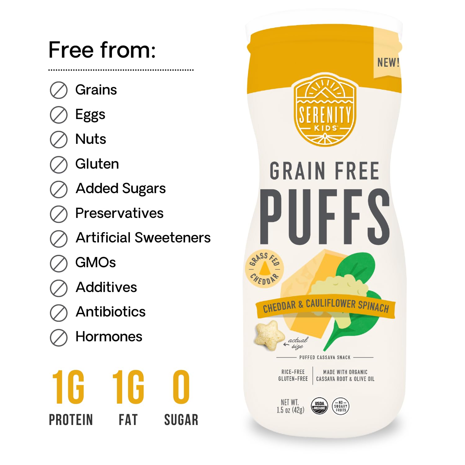 Serenity Kids 6+ Months Grain Free Puffs Toddler & Baby Snack | No Added Sugar, Gluten & Rice Free, Allergen Free | Made With Organic Cassava, Veggies, & Herbs | White Cheddar & Cauliflower | 6 Count