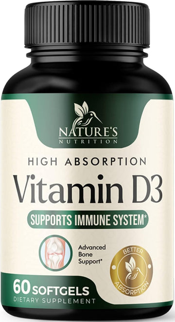 Nature's Vitamin D3 5000 IU (125 mcg) Extra Strength Vitamin D-3 Supplement for Bone, Teeth, Muscle and Immune Health Support, Dietary Supplement, Gluten Free, Non-GMO - 60 Softgels (2 Month Supply)