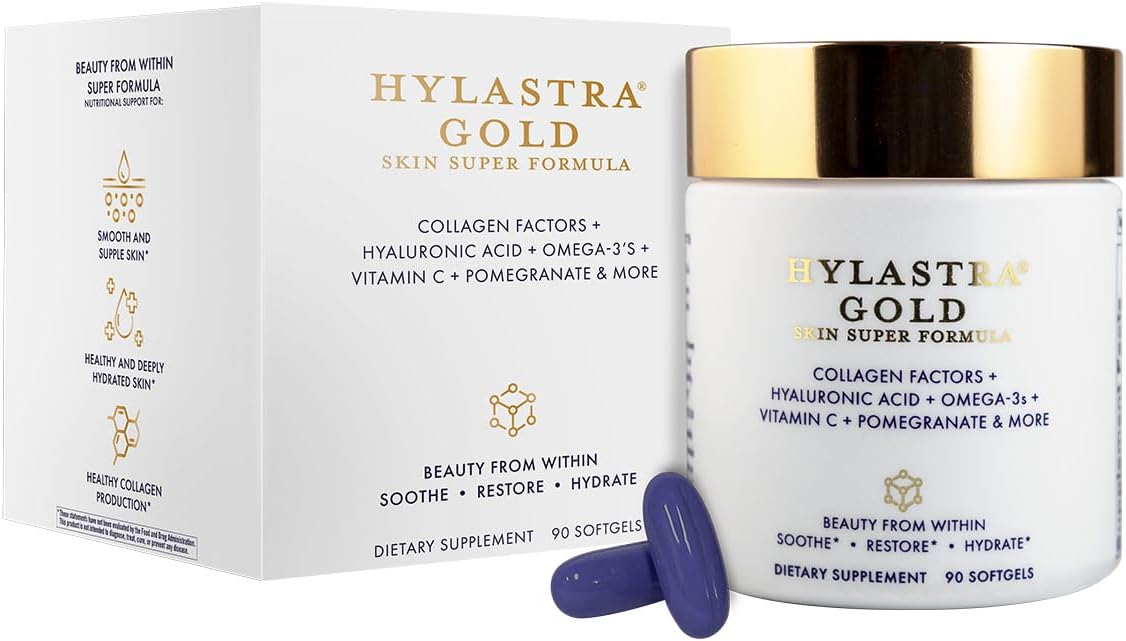 Purity Products Hylastra Gold Softgels Collagen + Hyaluronic Acid + Beauty Boosting Powerhouse Ingredients - Increased Skin Hydration & Elasticity - Reduces Fine Lines & Wrinkles - 90 Softgels