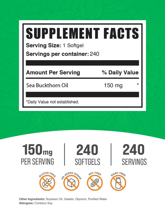 Bulksupplements.Com Sea Buckthorn Oil Softgels - Sea Buckthorn Oil Supplement, Omega 7 Supplement, Herbal Supplement - Gluten Free, 1 Softgel (150Mg) Per Serving, 240 Softgels (Pack Of 1)