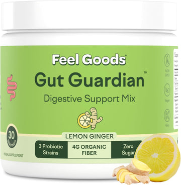 Feel Goods Gut Guardian, Organic Fiber, Probiotic & Prebiotic Powder, Sugar Free, Herbs For Bloat, Gut Health Support, Digestive Health For Men & Women, Non Gmo, Vegan, Strawberry Kiwi, 15 Count