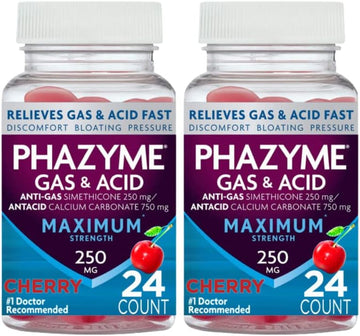 Phazyme Maximum Strength Gas & Acid Relief, Works Fast, Cherry Flavor (24 Count (Pack Of 2))