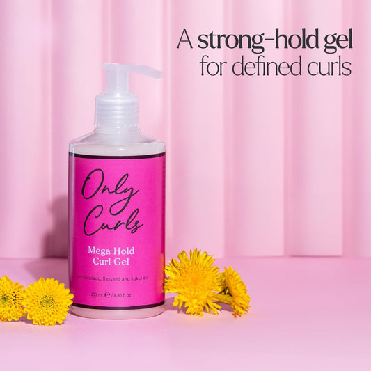 Only Curls Mega Hold Curl Gel, 250Ml, Curly Hair Product, Curl Definer & Frizz-Control, Long Lasting Styling Gel, Strong Hold, Defined, Frizz-Free Curls Without Stickiness, For All Curly Hair Types
