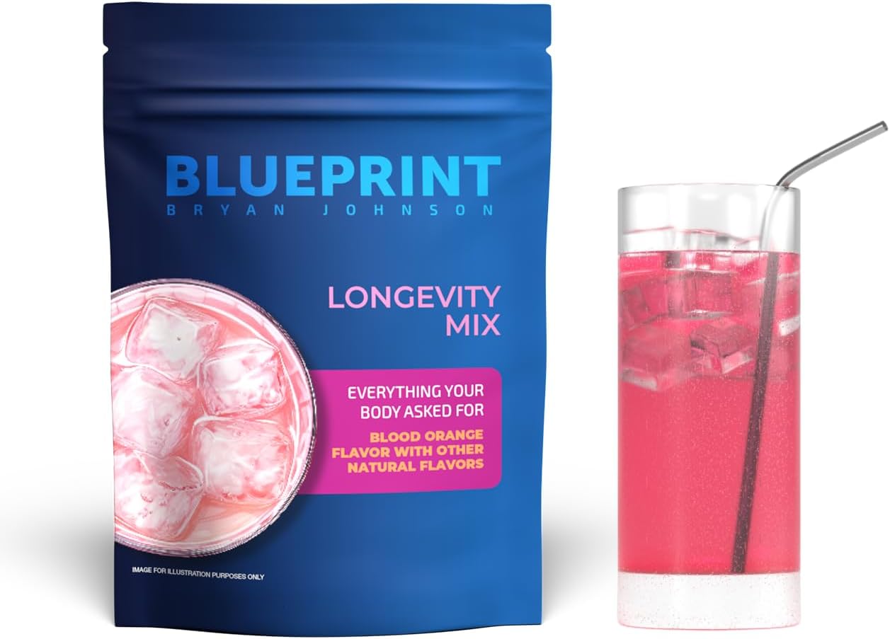 Blueprint Bryan Johnson Longevity Mix - Muscle Builder & Recovery Supplement - Promotes Focus And Stress Relief - Creatine, Ashwagandha, L-Theanine, Calcium - Vegan, Keto Friendly (Blood Orange)