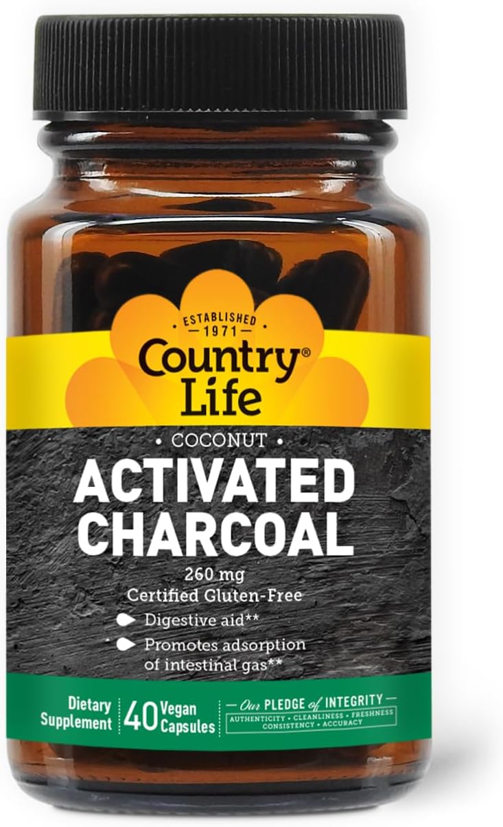 Country Life Activated Organic Coconut Charcoal Capsules, 260Mg – Natural Charcoal Supplement For Gas And Bloating Relief, Gluten-Free, 180 Vegan Capsules