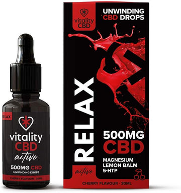 Vitality Cbd Active Relax Drops With Lemon Balm, Magnesium, Griffonia Simplicifolia, 500Mg Of Cbd, Cherry Flavour, 30 Ml, No Thc