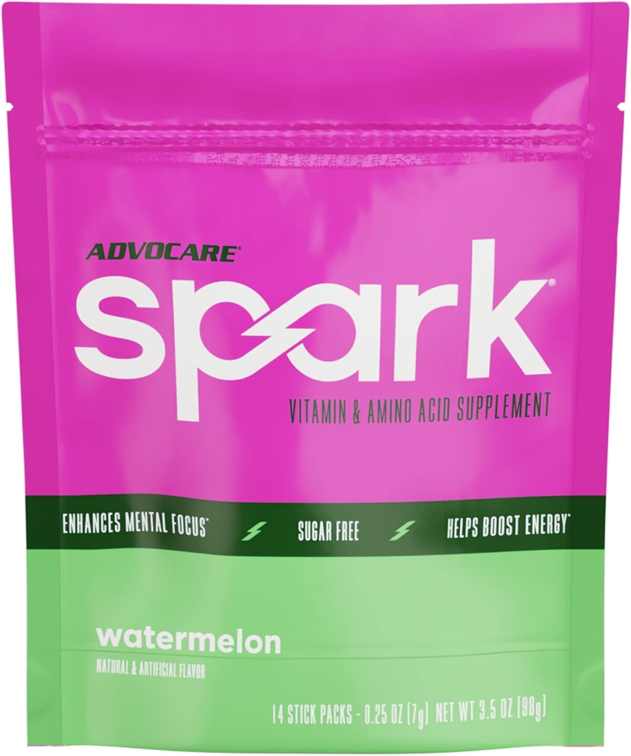 Advocare Spark Vitamin & Amino Acid Supplement - Focus & Energy Drink Powder Mix With Vitamin A, B-6, C & E - Also Includes L-Carnitine & L-Tyrosine - Water Melon, 14 Stick Packs