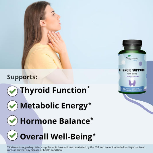 Thyroid Support | 180 Capsules | Highest Dosage | Iodine, L-Tyrosine, Zinc, Selenium, Ashwagandha | 3-Month Supply | No Additive & Vegan