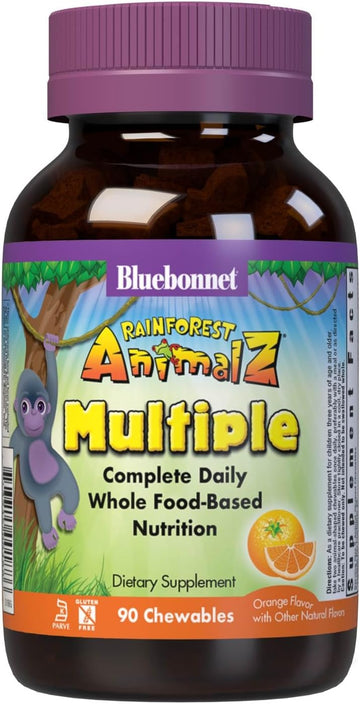 Bluebonnet Nutrition Rainforest Animalz Whole Food Based Multiple Chewable Tablets, Kid Multivitamin & Mineral, Vitamin C, D3, Iron, Gluten Free, Milk Free, Kosher, 90 Chewable Tablets, Orange Flavor