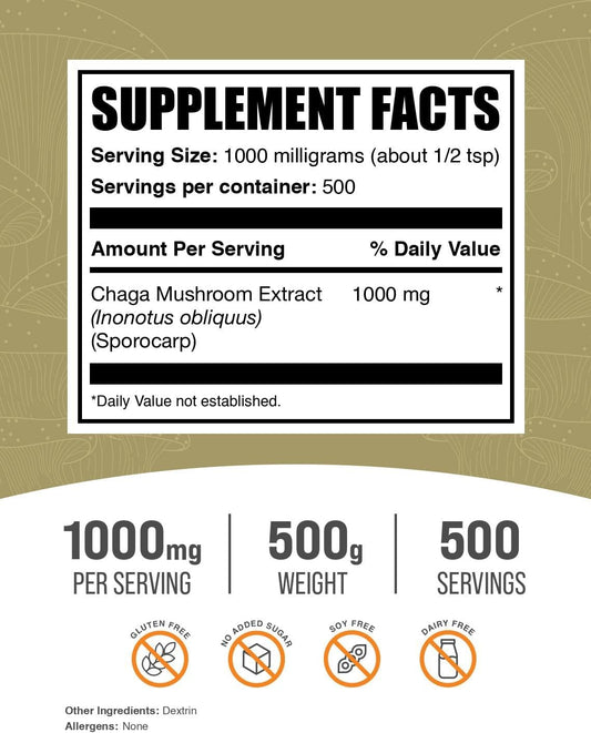 BulkSupplements.com Chaga Mushroom Extract Powder - Chaga Extract, Chaga Mushrooms Powder - for Immune Support, Gluten Free - 1000mg per Serving, 500g (1.1 lbs) (Pack of 1)