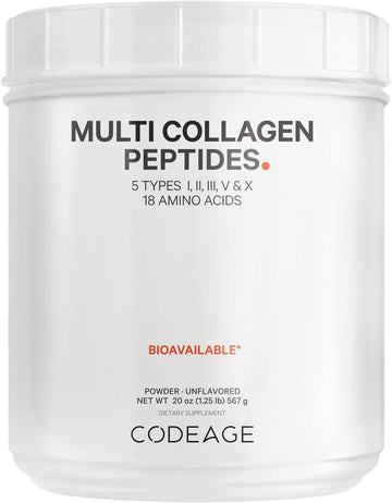 Codeage Multi Collagen Protein Powder Peptides, 2-Month Supply, Hydrolyzed, Type I, Ii, Iii, V, X Grass Fed All In One Super Bone Broth Collagen Supplement, Non-Gmo, 20 Ounces