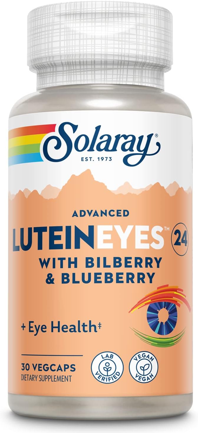 SOLARAY Advanced Lutein Eyes 24mg with Bierry Extract and Blueberry Extract, Eye & Macular Health Support Supplement Supplying Zeaxanthin from Marigold, Vegan, 30 Servings, 30 VegCaps