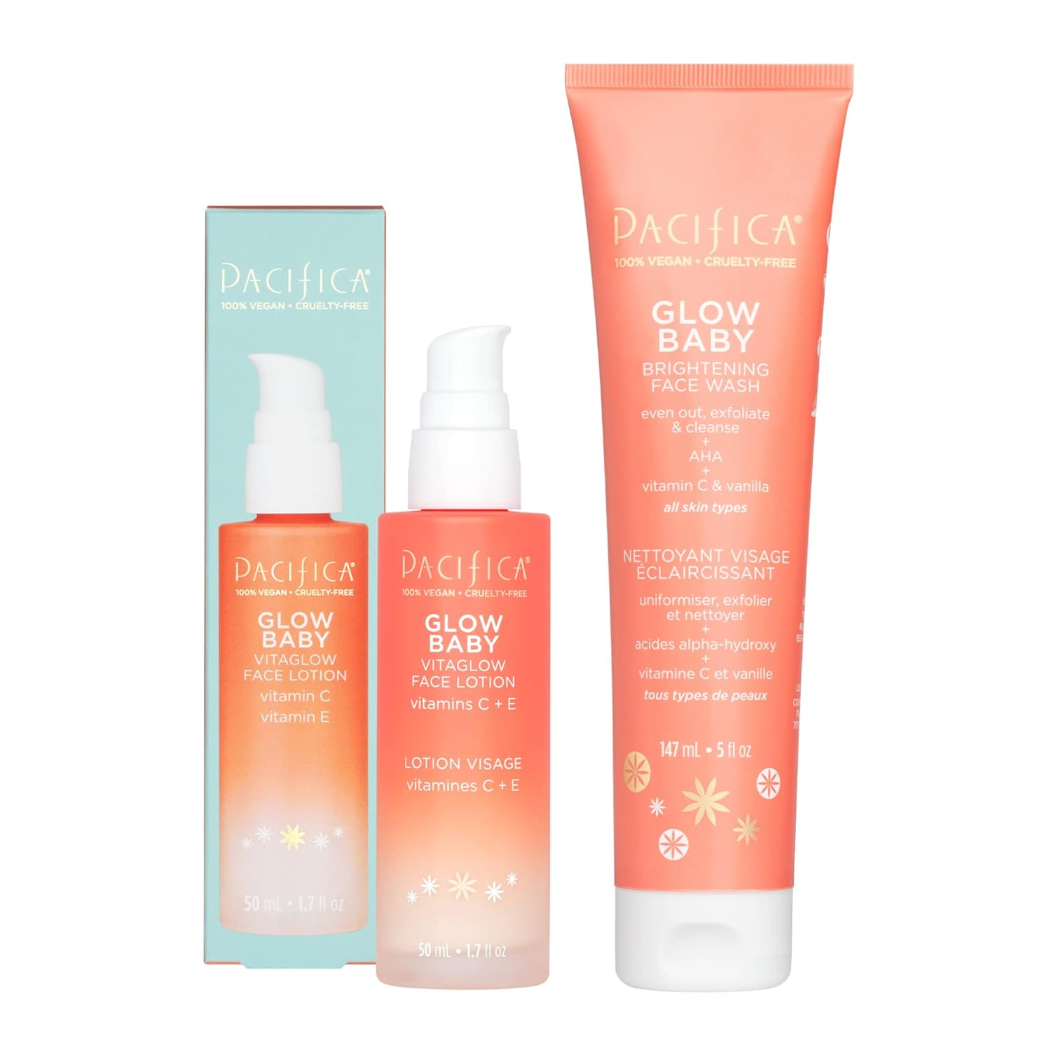 Pacifica Beauty Glow Baby Vitaglow Face Lotion And Brightening Face Wash Set, Skincare, Vitamin C And E, Aha, Exfoliator, Cleanser, Hydrating, Moisturizer, Vegan, 1.7 Fl Oz And 5 Fl Oz (Set Of 2)