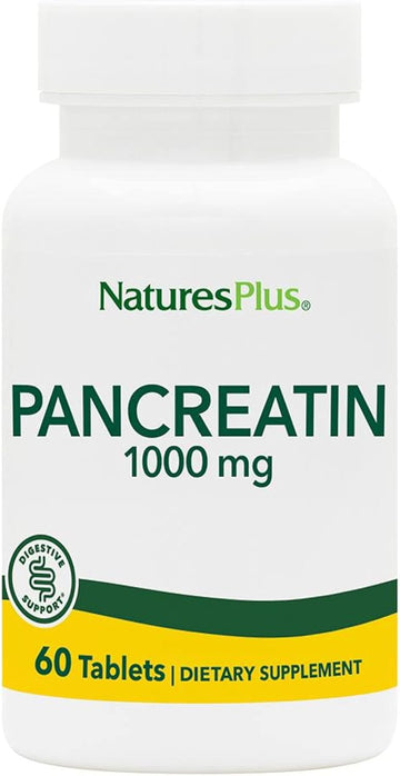 NaturesPlus Pancreatin - 1000 mg, 60 Tablets - Natural Digestive Enzyme Supplement for Gastrointestinal Support - Contains Amylase, Protease & Lipase - Gluten-Free - 60 Servings