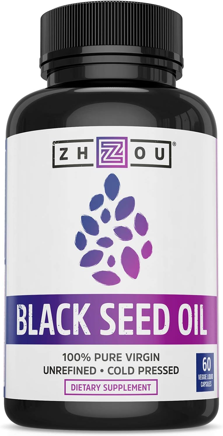 Zhou Nutrition Black Seed Oil Capsules, 100% Virgin, Cold Pressed Source Of Omega 3 6 9, Super Antioxidant For Immune Support, Joints, Digestion, Hair & Skin, 60 Caps