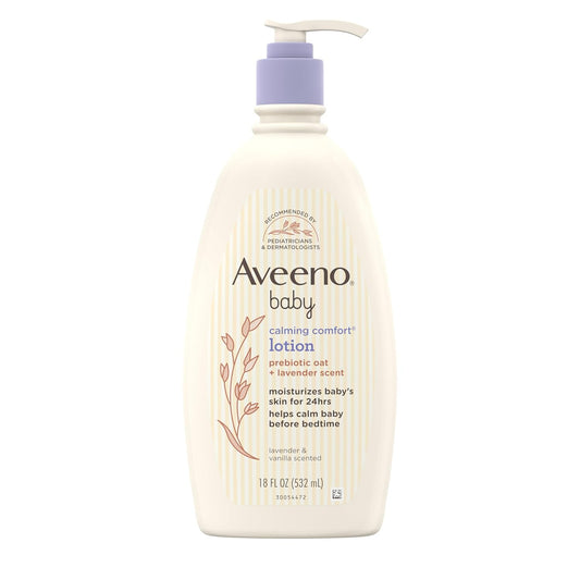 Aveeno Baby Calming Comfort Moisturizing Lotion With Relaxing Lavender & Vanilla Scents, Non-Greasy Body Lotion With Natural Oatmeal & Dimethicone, Paraben- & Phthalate-Free, 18 Fl. Oz