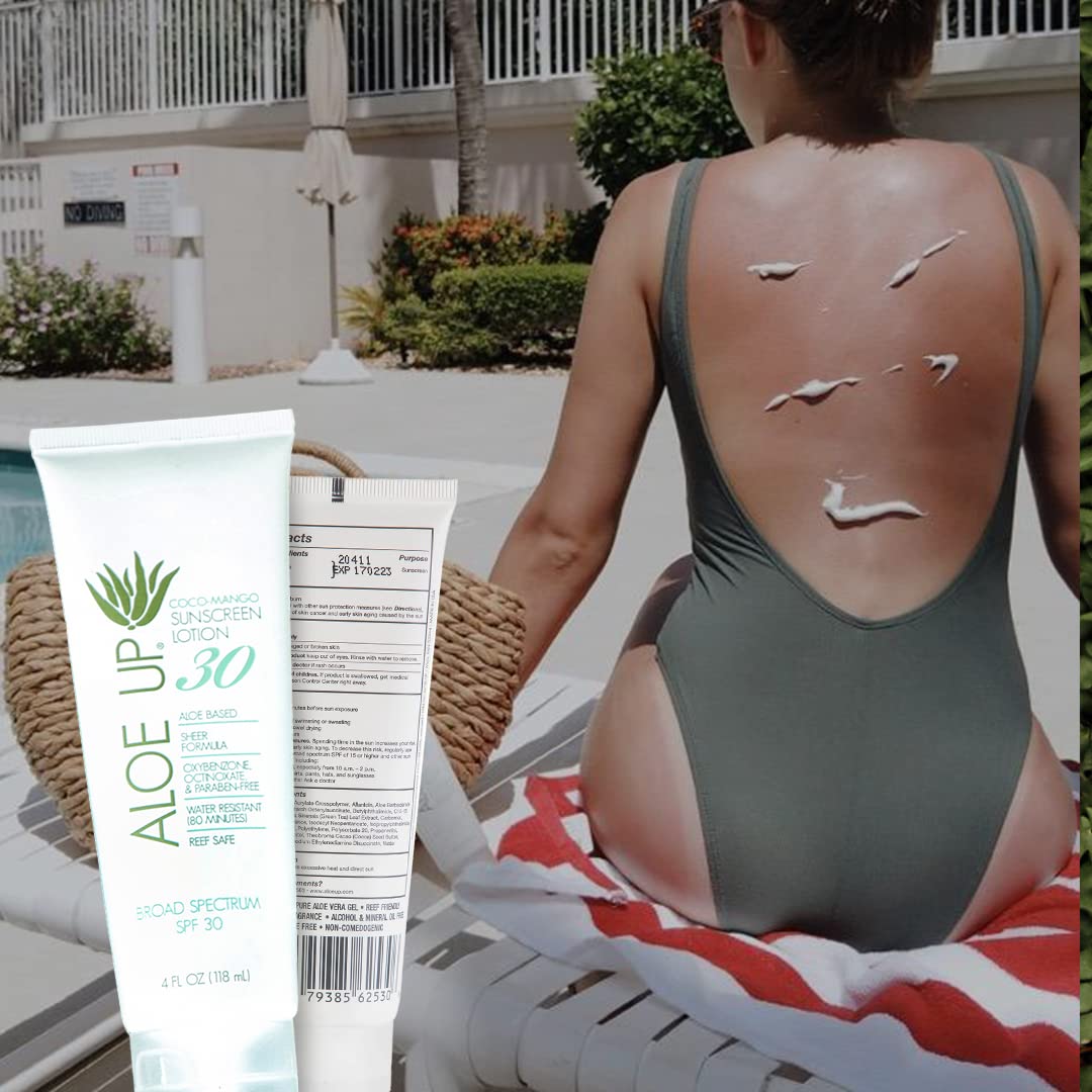 Aloe Up White Collection Sunscreen Lotion SPF 30 - Broad Spectrum UVA/UVB Sunscreen Protector for Face and Body - With Aloe Vera Gel - Alcohol-Free - Reef Friendly - Coco-Mango Fragrance - 4 Oz : Beauty & Personal Care