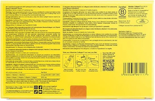 Absolute Collagen Marine Liquid Collagen Supplement For Women | New Mango & Mandarin Flavour, Supports Hair, Nail & Skin Health, 8000Mg Of Hydrolysed Collagen Per Sachet, Vitamin C | 14 Sachets