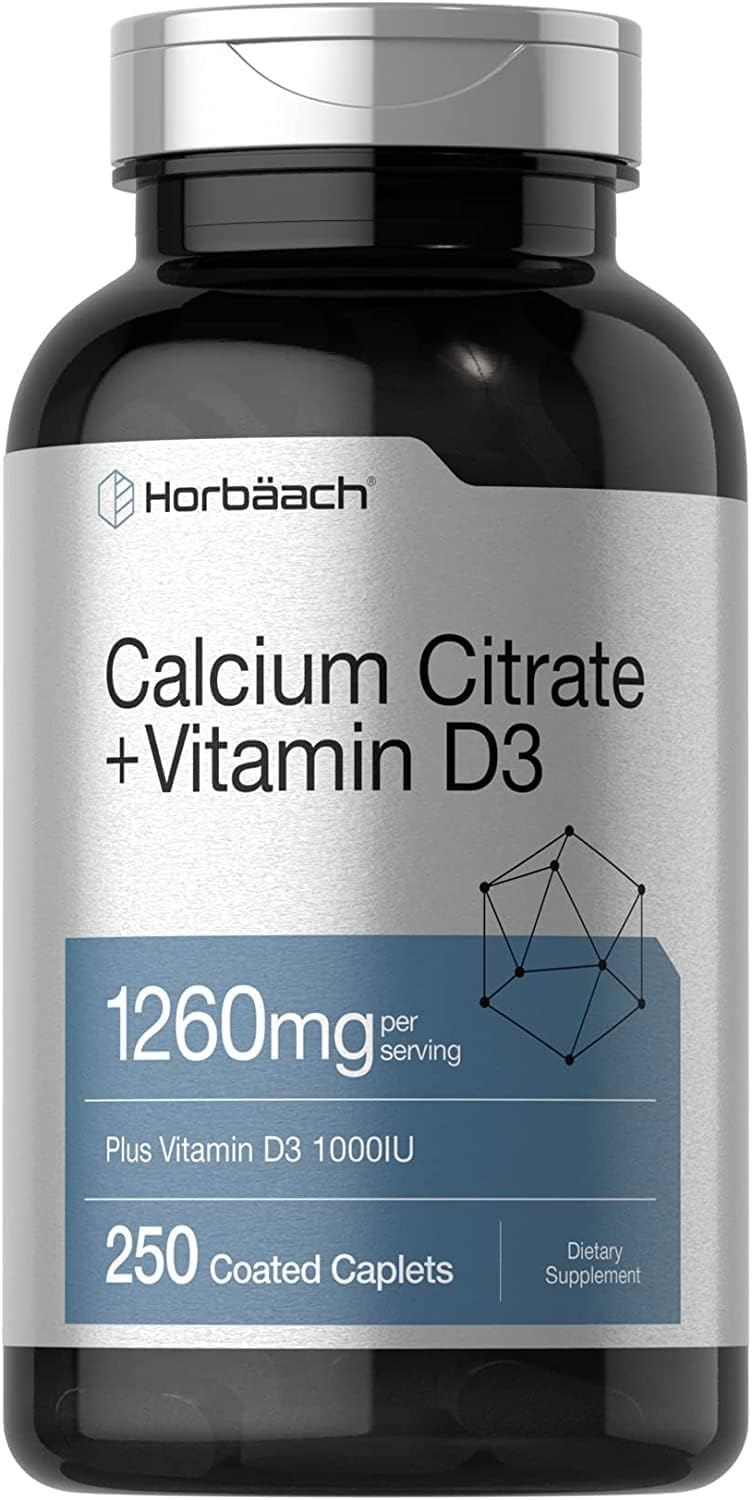 Horbäach Calcium Citrate 1260 mg | with Vitamin D3 1000IU | 250 Caplets | Vegetarian, Non-GMO, Gluten Free Supplement