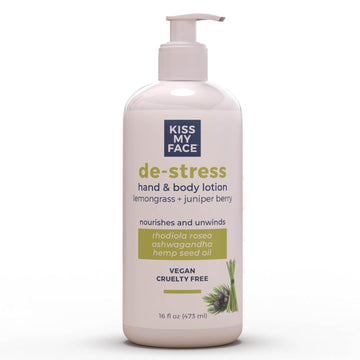 Kiss My Face De-Stress Hand & Body Lotion - Lemongrass + Juniper Berry - Soothing Rhodiola Rosea - With Hemp Seed Oil & Ashwagandha - Vegan & Cruelty-Free - 16 Fl Oz Bottle