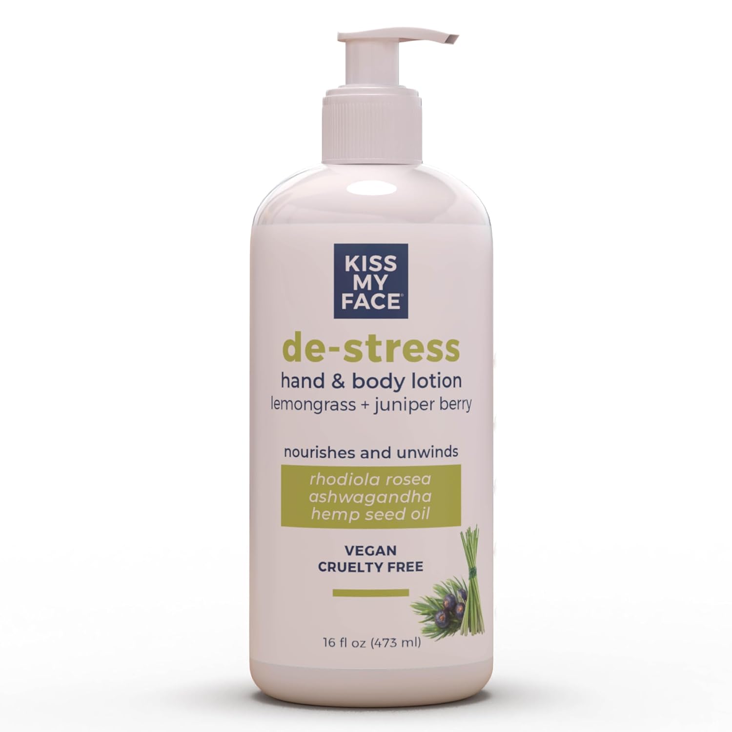 Kiss My Face De-Stress Hand & Body Lotion - Peppermint + Clary Sage - Soothing Rhodiola Rosea - With Hemp Seed Oil & Ashwagandha - Vegan & Cruelty-Free - 16 Fl Oz Bottle