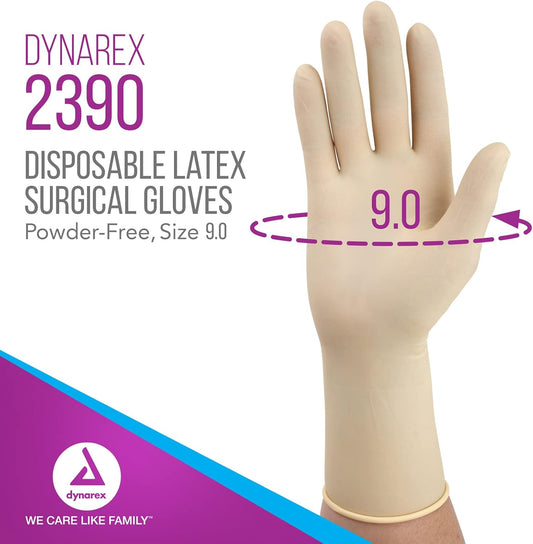 Dynarex Sterile Disposable Latex Surgical Gloves, Powder-Free, Sterilely Packaged In Pairs, Professional Medical And Healthcare Use, Veterinary Clinic, Bisque, Size 9.0, 1 Box Of 50 Pairs Of Gloves