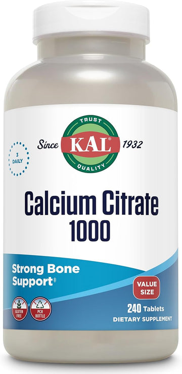 Kal Calcium Citrate 1000Mg, High Potency Calcium Supplement For Bone Health, Strong Teeth, Nerve, Muscle And Heart Health Support, Gluten Free, 60 Day Money Back Guarantee