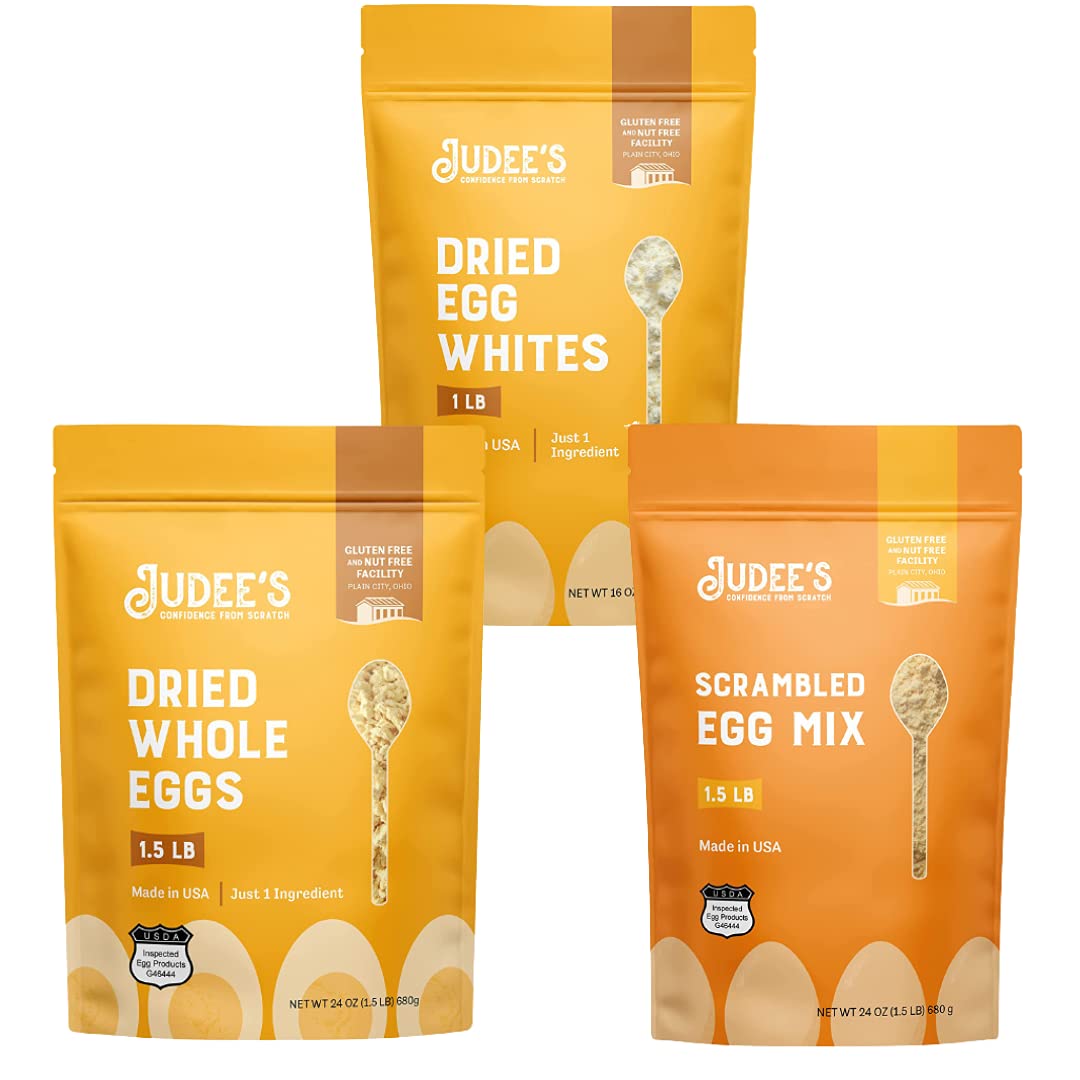 Judee's Medium Egg Bundle: Whole Egg Powder 24 oz, Dried Egg White Protein 16 oz, Scrambled Egg Mix 24 oz