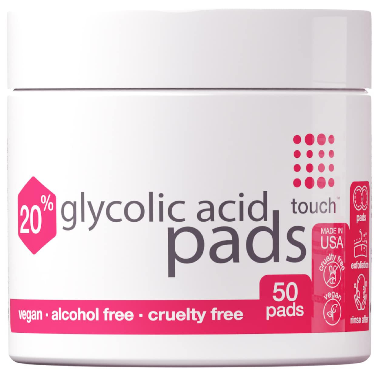 Touch 20% Glycolic Acid Pads Exfoliating And Resurfacing Aha Peel Face Wipes - Great For Dullness, Pores, Scars, Fine Wrinkles, Uneven Skin Tone & Texture, 50 Count