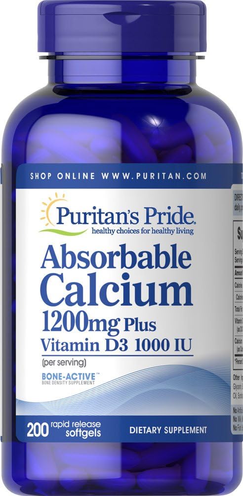 Puritan's Pride Absorbable Calcium with Vitamin D 3 1000iu Softgels, 1200 mg, 200 Count : Health & Household