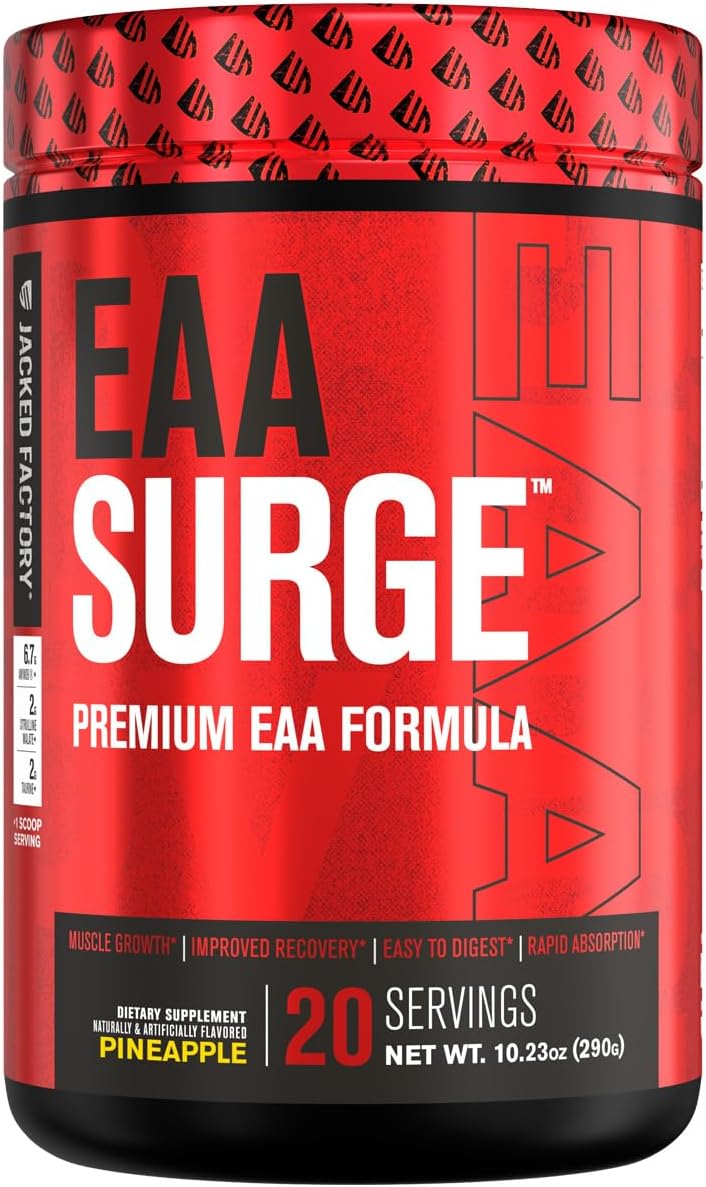 Jacked Factory Eaa Surge Essential Amino Acids Powder - Eaas & Bcaa Intra Workout Supplement W/L-Citrulline, Taurine, & More For Muscle Building, Strength, Endurance, Recovery - Pineapple, 20Sv