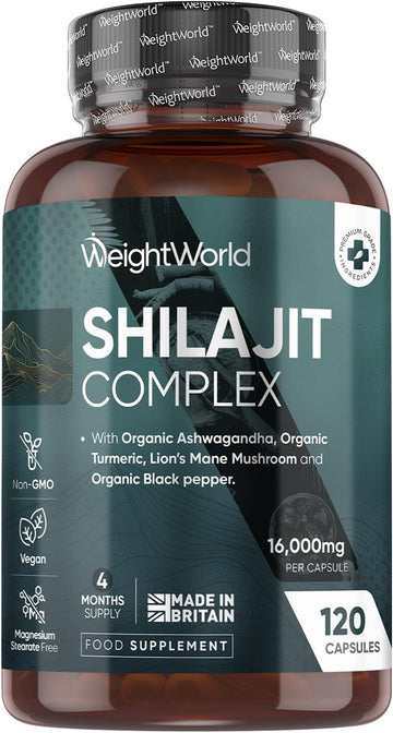 Shilajit Capsules 16000Mg (40:1 Extract) - 120 Capsules - 4 Months Supply - Pure Shilajit With Added Organic Ashwagandha, Turmeric Powder, Lion'S Mane Mushroom, & Black Pepper