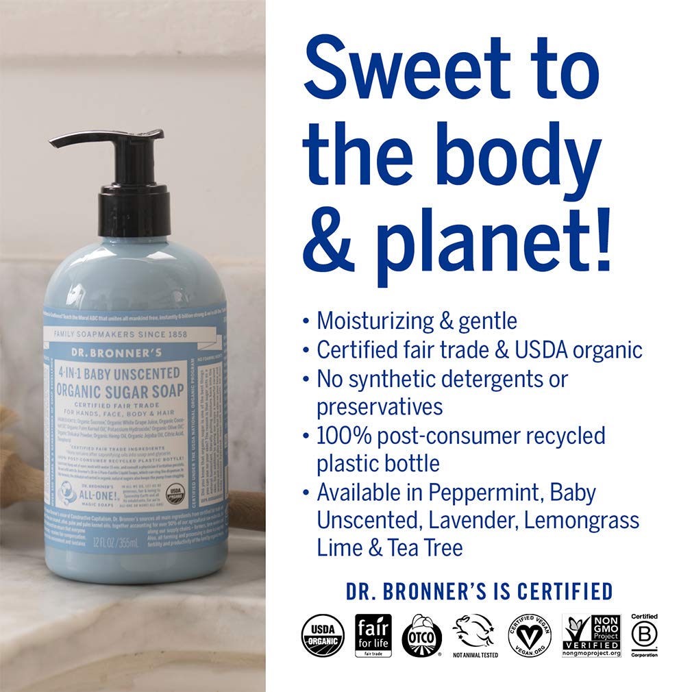 Dr. Bronner’s - Organic Sugar Soap (Baby Unscented, 12 Ounce) - Made with Organic Oils, Sugar and Shikakai Powder, 4-in-1 Use: Hands, Body, Face and Hair, Moisturizes and Nourishes, No Added Fragrance : Bath Soaps : Beauty & Personal Care