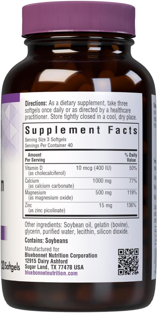 Bluebonnet Nutrition Calcium Magnesium Zinc Plus Vitamin D3, 1000 Mg Of Calcium, 500 Mg Of Magnesium And 15 Mg Of Zinc, 400Iu Vitamin D3, For Strong Healthy Bones*, Gluten-Free, Dairy-Fee, 120 Softgel