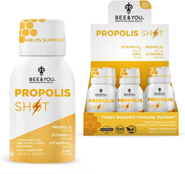 Bee And You Immune Support 100% Natural Propolis Shot Supplement, Antioxidants, Vitamin C, Vit D3, Zinc, Orange Juice, Raw Honey, 1.69 Fl. Oz X 12 Bottles