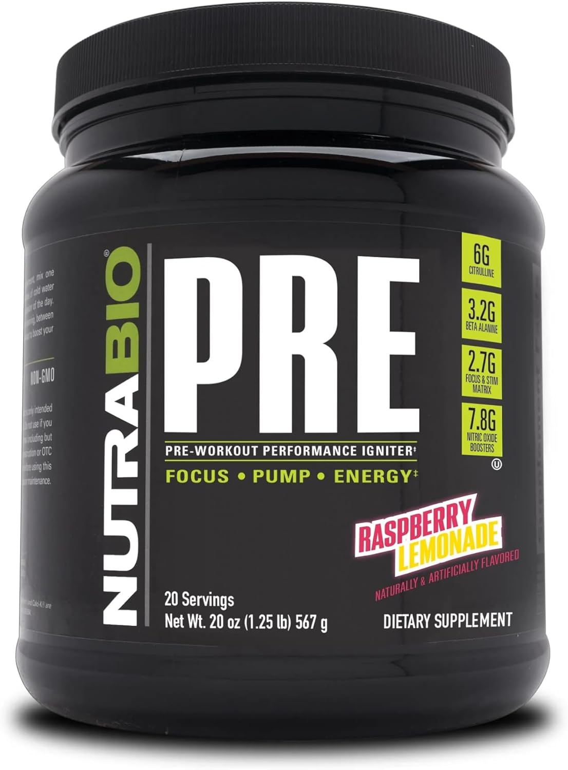 NutraBio PRE Workout Powder - Sustained Energy, Mental Focus, Endurance - Clinically Dosed Formula - Beta Alanine, Creatine, Caffeine, Electrolytes - 20 Servings - Raspberry Lemonade