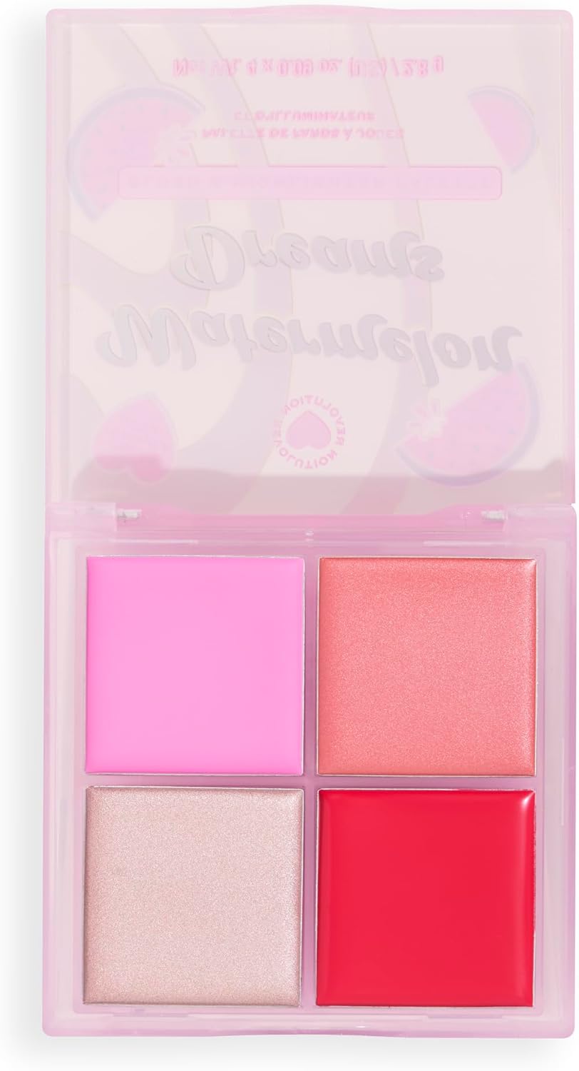 I Heart Revolution Watermelon Dreams Blush & Highlighter Quad, Cream Highlighter & Blush Face Palette, Vegan & Cruelty-Free, 2.8G