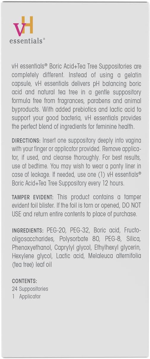 vH essentials Boric Acid + Tea Tree Vaginal Suppositories - Prebiotics Formula with Lactic Acid - PH Balance, Odor Control, Feminine Care - 24 Suppositories + Applicator, White, 2.4 Ounces (5397)