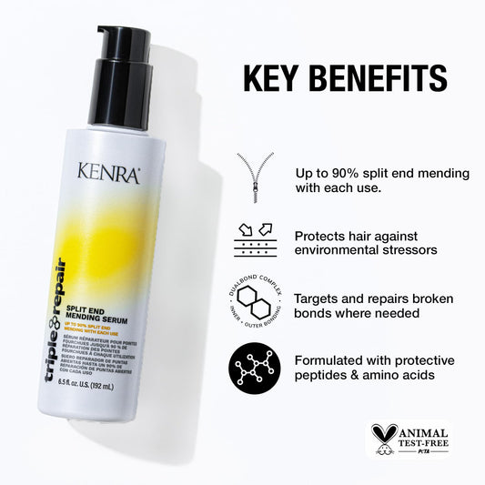 Kenra Triple Repair Split End Mending Serum | Up To 90% Split End Mending With Each Use | Targets & Repairs Weak Or Broken Bonds | Split Ends | Damaged Hair | Bond Builder| Sulfate-Free | 6.5 Fl. Oz