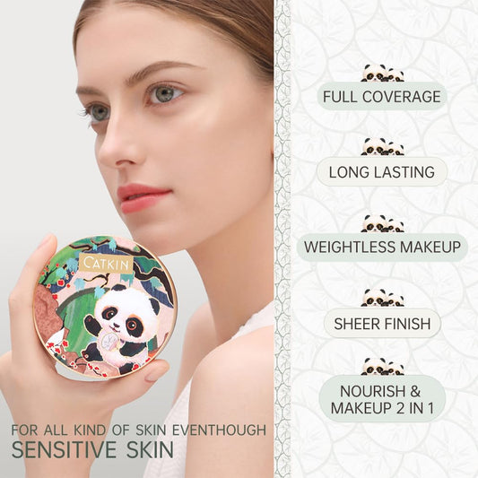 Catkin Panda Land Full Coverage Cushion Fondation, Breathable Hydrating Nourishing Poreless Face Makeup Save For Sensitive Skin,Sheer Finish (C02 Light Beige)