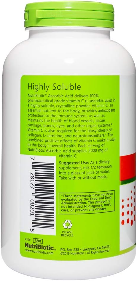 NutriBiotic Ascorbic Acid Vitamin C Powder, 1 | Pharmaceutical Grade L-Ascorbic Acid, 2000 Mg Per Serving | Essential Immune & Antioxidant Collagen Support Supplement | Vegan, Gluten & GMO Free