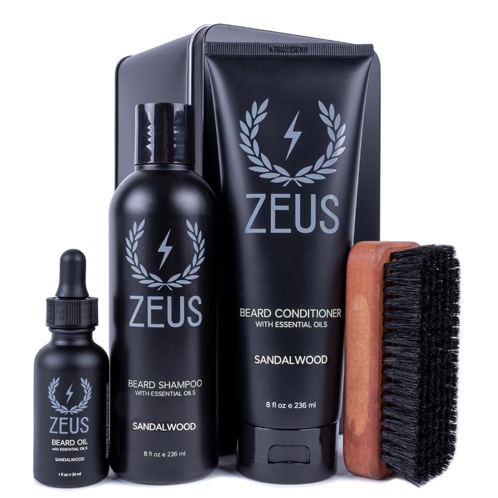 Zeus Deluxe Beard Grooming Set For Men, Premium Natural Beard Wash, Oil & Brush Gift Kit For Soft, Healthy Beard Care (Sandalwood)